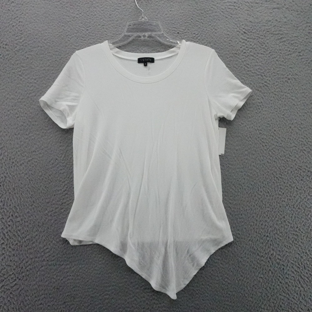 1 STATE Womens White Ribbed Knit Top Handkerchief Hem Short Sleeve Small NEW